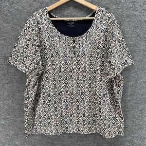 Liz & Me T-Shirt Women 1X Plus White Geometric Short Sleeve Round Neck Cotton